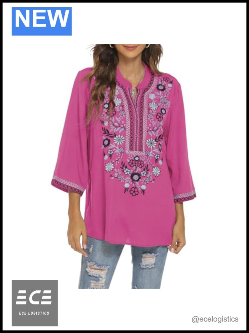 Mexican Embroidered Peasant Tunic Top 3/4 Sleeve Floral Blouse